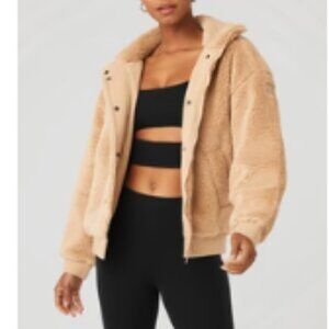 AOL Sherpa Varsity Plush Jacket Camel Size Small